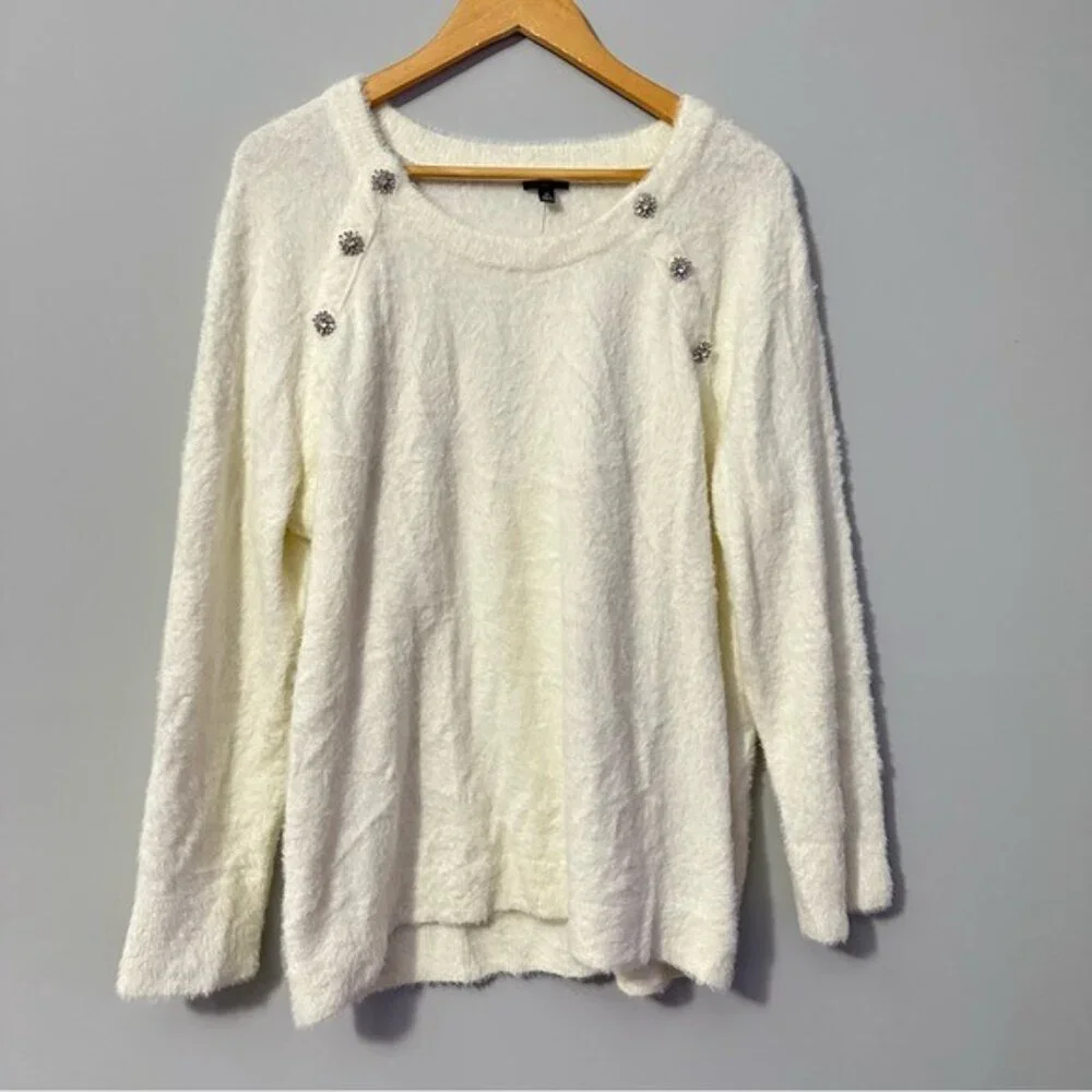 Talbots Plush Crewneck Sweater Ivory Embellished Soft Knit Plus Size 2X